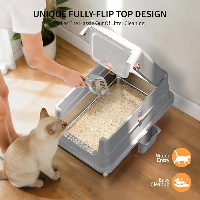 Stainless Steel Cat Litter Box with Lid, Extra Large Enclosed Metal Litter Pan with High Sides, Full Flip Cover Litter Box for Large Cat, Include Scoop & Step, Leak Proof Easy Clean Odor Control, Grey