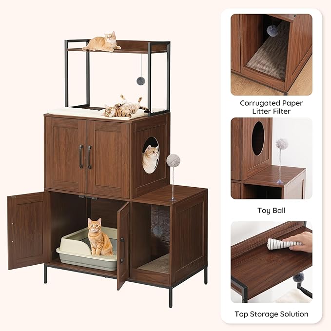 HOOBRO Litter Box Enclosure, Litter Box Furniture with Storage, 2-in-1 Hidden Cat Furniture with Shelf, 2 Dangling Plush Balls and 1 Toy Ball, Large Wooden Cat Washroom, Walnut WL78MW01
