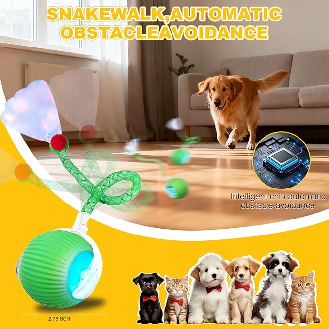 Interactive Cat Toys Ball for Indoor Cats＆Dog,Automatic Cat Toy 360° Auto-Rotation Smart Obstacle Avoidance,Includes 1 Speedy Tail 2.0 Ropes,Cat Enrichment Toys for Indoor Cats (Green)