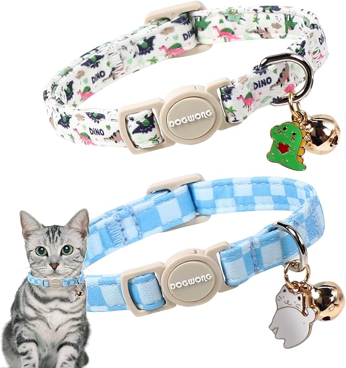 2 Pack Dinosaur Cat Collars Breakaway with Bell, DOGWONG Safety Buckle Bluee Plaid Cute Cat Collar for Girl Boy Cats，Adjustable 7-12 Inch