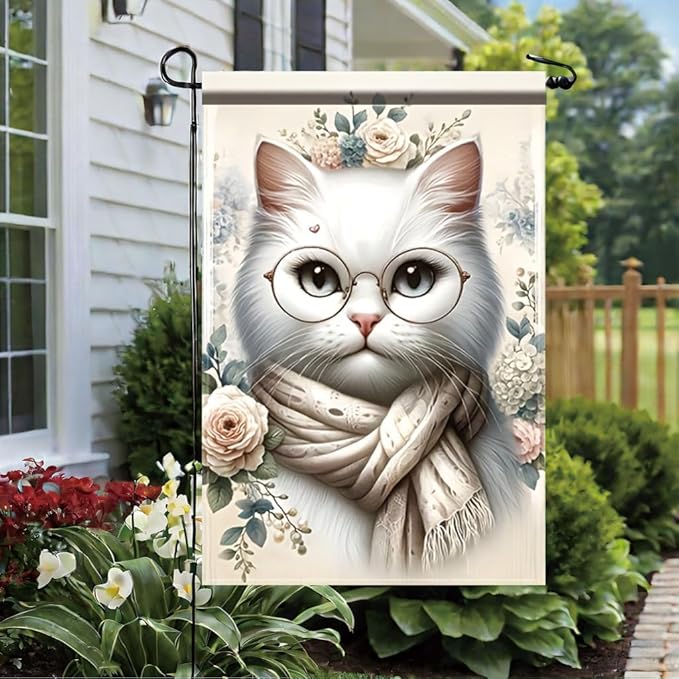 Cat Garden Flag 12x18 Inch Double Sided Outdoor Yard Banner White Cat with Glasses and Scarf Floral Design for Spring Summer Patio Porch Lawn Decoration