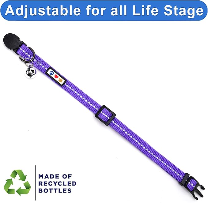 Pawtitas Recycled Purple Reflective Cat Collar – Eco-Friendly Breakaway Safety Buckle, Adjustable Kitten & Adult Collar with Removable Bell and High-Visibility Strap