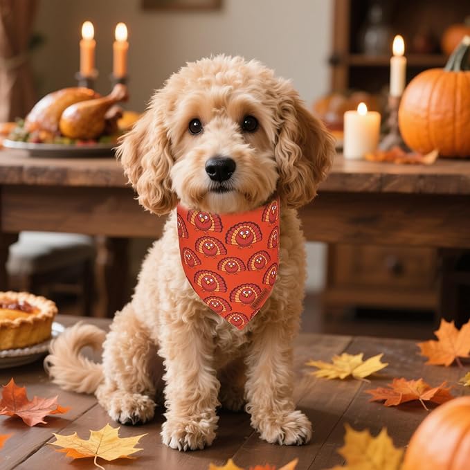 ADOGGYGO Thanksgiving Dog Bandanas 2 Pack, Reversible Pumpkin Turkey Pet Scarf, Premium Fabric, Adjustable Fit Orange Thanksgiving Bandanas for Small Dogs (Small)