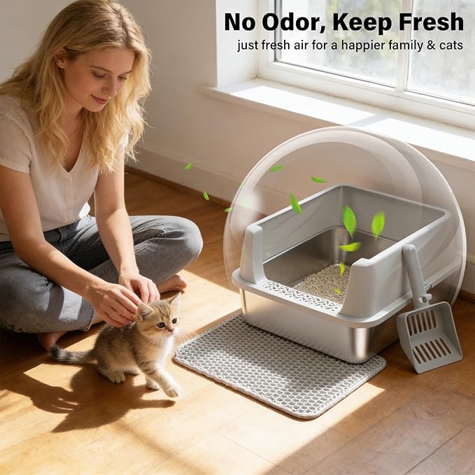 Stainless Steel Litter Box with Lid,Open Top Low Entry Litter Box, Metal Kitty Litter Box for Medium/Small Cats,Odor Control,Anti-Leakage, Non-Sticky, Includes Mat&Scoop,17.5x13.6x8in,