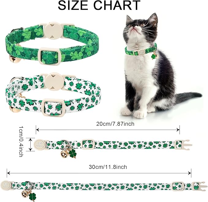 Cat Collar,2Pack St.Patrick's Day Cat Collars Cute Breakaway Kitty Collars,Spring Green Shamrock Cat Collar with Bell, Lucky Clover Kitten Collars with Safety Buckle for Girl & Boy Cats