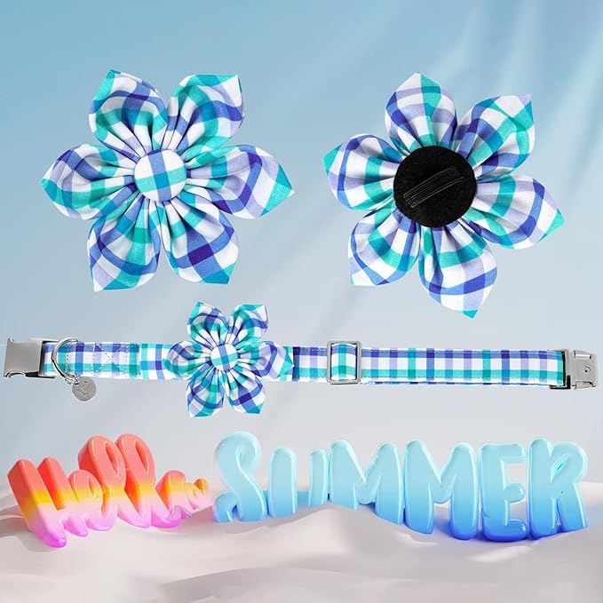 Dog Collar with Flower, Comfortable Durable Cotton Flower Collar for Girl Boy Dog or Cat, Adorable Puppy Collar with Metal Buckle, Blue Grid Gift Collar, XS