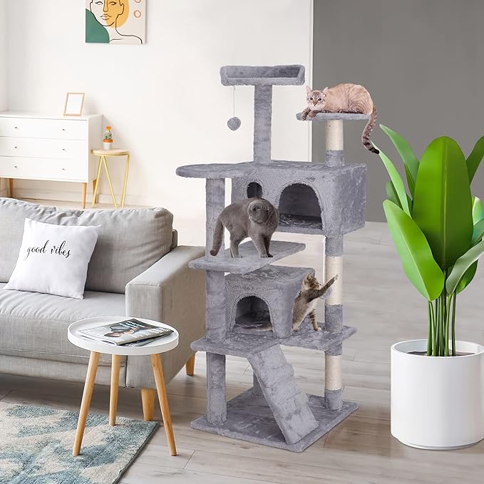 Multi-Level Cat Tree Tower with Condos, 54" Tall Cat Activity Center with Plush Perches and Toys, Space Saving Pet Playhouse for Kittens and Cats (Light Grey)