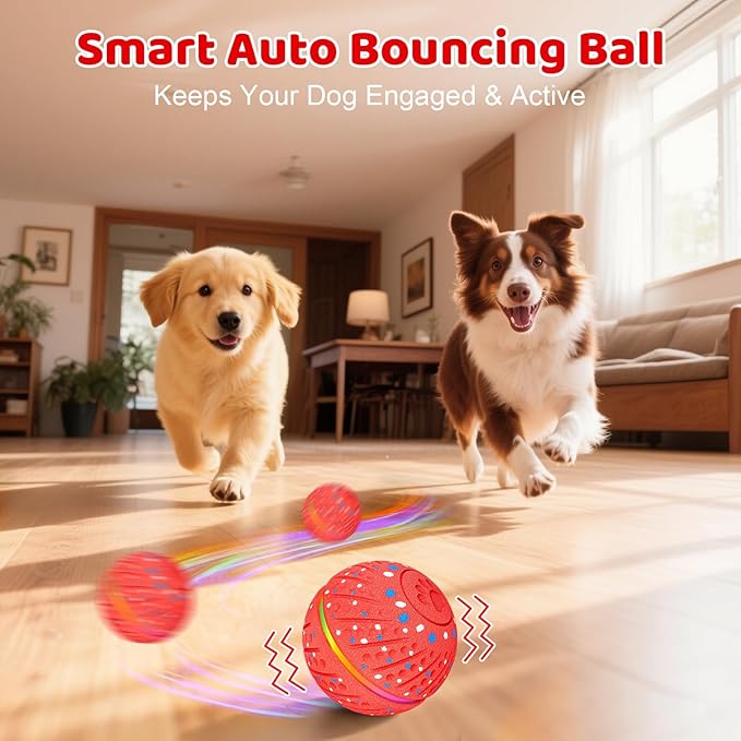 Interactive Dog Toys Ball for Small Medium Dogs - Smart Moving Bouncing Dog Ball with Colorful Lights, E-TPU Material, 3 Play Modes Automatic Rolling Dogs Toy to Keep Them Busy (Red)