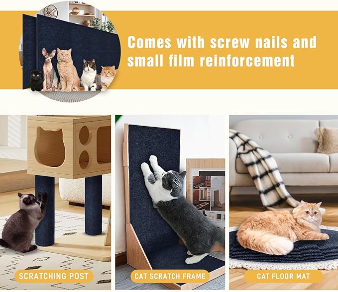 Cat Scratch Mat, 3PCS 39.4"x11.9" DIY Trimmable Self-Adhesive Cat Scratching Mat, Couch Protector from Cats Claw, Indoor Furniture Protector for Cats Scratching (Dark Blue)