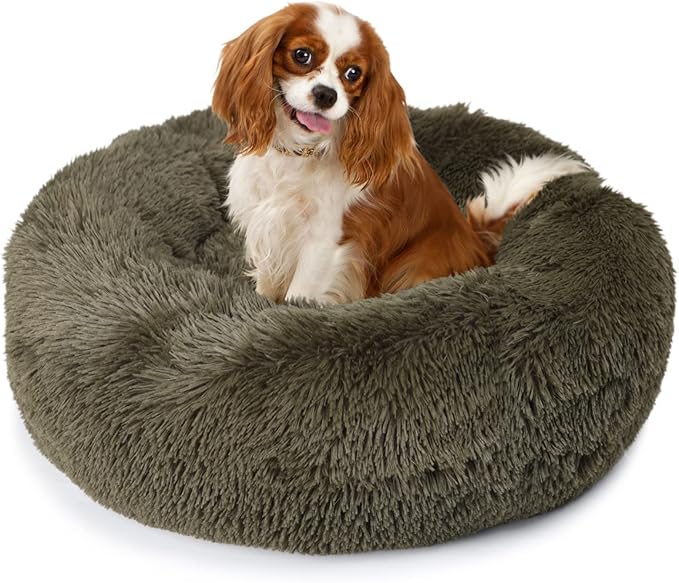 Calming Donut Dogs Beds for Small Dogs Washable,23inch Plush Round Pet Bed for Cozy Sleep,Fluffy Faux Fur Large Cat Bed,Fits up to 25 lbs Pets,Army Green