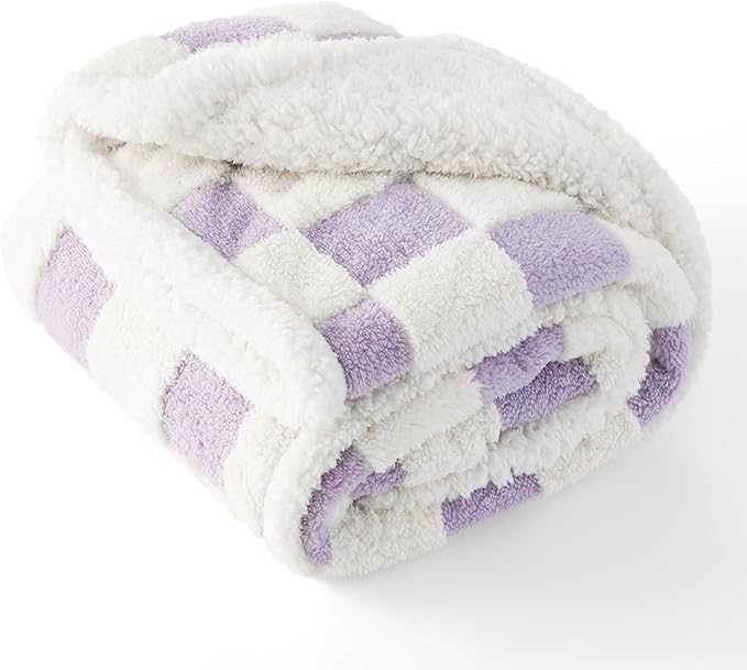 LE SURE Waterproof Dog Blanket for Medium Dogs - Washable Double Sided Dog Blankets with Warm Jacquard Shag and Soft Sherpa Fleece, Pet Cat Blanket for Couch Protection, 3D Textured Checks, Purple