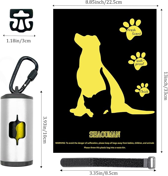 Metal Dog Poop Bag Holder 2-Pack w/Leash Clip|Durable Scratch-Resistant Aluminum|30 Bags+6 Accessories（Silver）
