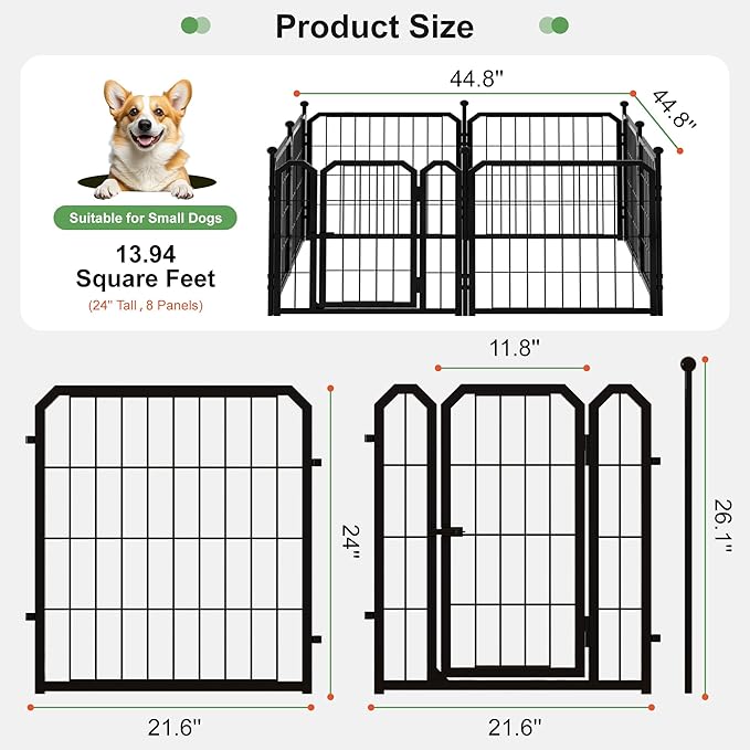 Dog Playpen for Indoor & Outdoor, 24 inch 8 Panels Metal Puppy Playpen for Puppies/Small Dogs, Portable Pet Fence for Yard, Camping, Travelling, Black