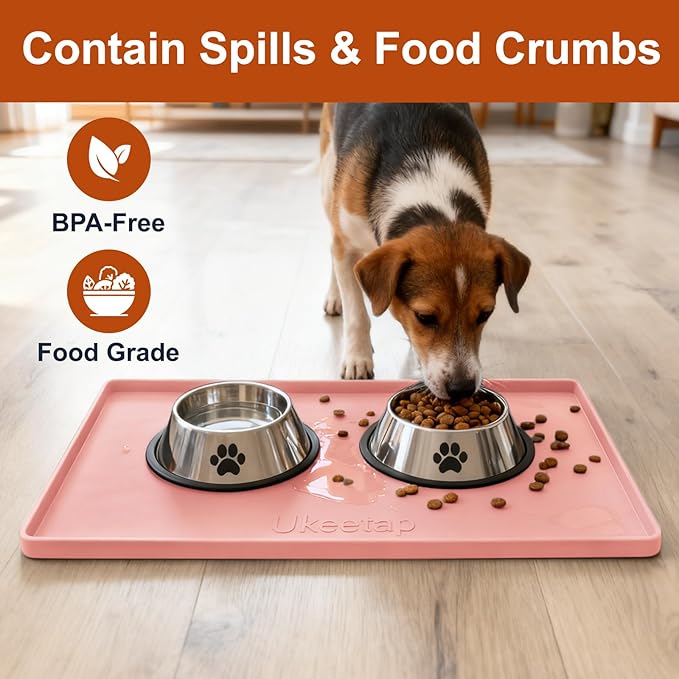 Extra Thick Silicone Mat Waterproof with Raised Edge 19” x 12”, BPA Free Non-Slip Dog & Cat Food Mat, Feeding Mat for Food and Water Bowls, Spill Proof Mat to Protect Floors, Pink