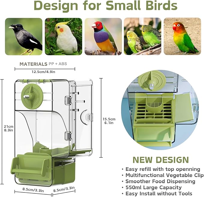 Automatic Bird Feeder, Bird Cage Feeder with Perch Multi-Functional Holder for Fruits Vegetables for Parakeet Canary Cockatiel Finch (Green)