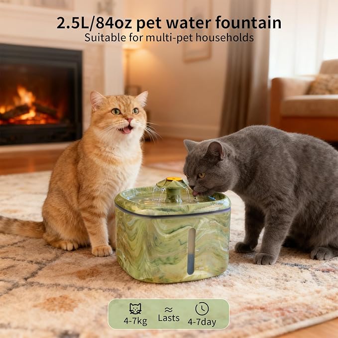 Cat Water Fountain,2.5L/84oz Cat Fountain for Drinking with Rotating Attractor & Camouflage Green Design – Automatic Pet Water Dispenser Bowl with 8-Pack Replaceable Filters
