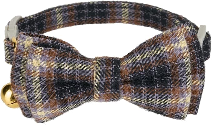 2 Pack Cotton Cat Collar, Removable Bowtie, Plaid Pattern, Safety Breakaway Clasp, Adjustable for Cats.(Adult Cat, Blue and Brown)