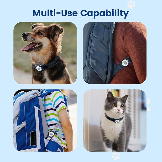 Smart Pet Tracker for Collar - Dog Trackers Location for Pet with Holder, No Monthly Fee, Real-Time Tracking, iOS Only, Emergency Contact, Long-Lasting, Anti-Lost Tracker for Cats, Bag Straps,Blue
