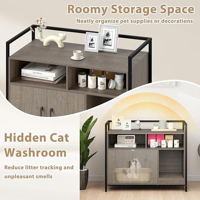 Giantex Cat Litter Box Enclosure - Cat Washroom Hidden Furniture with Front Entry, Scratcher, 2-Door Storage Cabinet, 2 Compartments, Air Vents, Metal Frame, Wooden Pet Crate House (Oak Gray)
