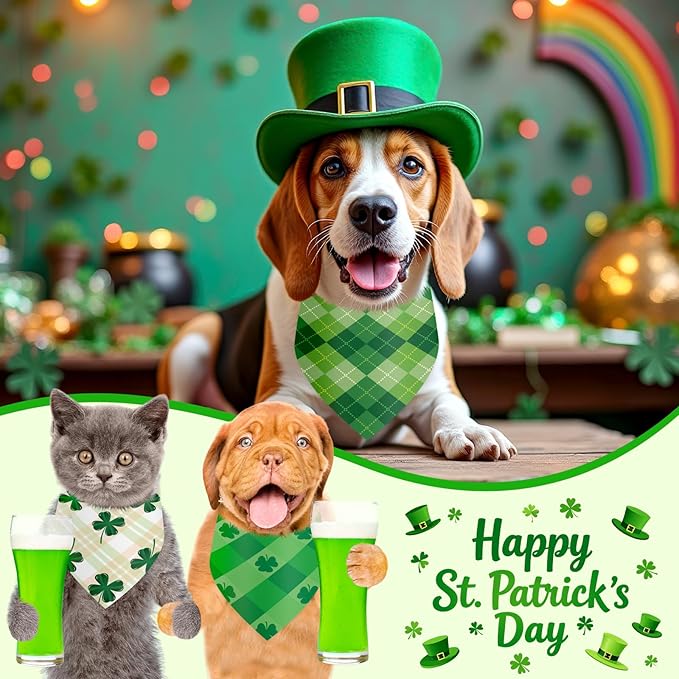 Weewooday 50 Pcs St Patricks Day Bandanas Bulk for Dogs Adjustable Irish Shamrocks Clover Green Plaid Triangle Soft Bibs Puppy Bandana for Small Medium Large Cat Pet Costume(25.6 x 17.7 x 17.7 Inch)