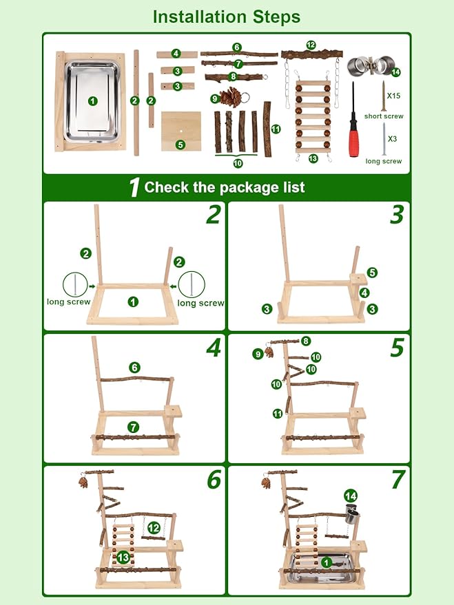 Wontee Bird Playground Wooden Bird Perch Stand Ladder Swing with Removable Tray & Feeding Cups for Budgies Parakeets Caique Senegal Cockatiels Conures