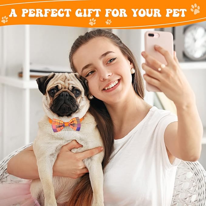 Reginary 100 Pieces Dog Bow Tie Collar Set Include 40 Dog Neckties, and 30 Puppy Bowties, 30 Collar Flowers, Adjustable Pet Ties Grooming for Small Medium Cats Pets Supply(Plaid)