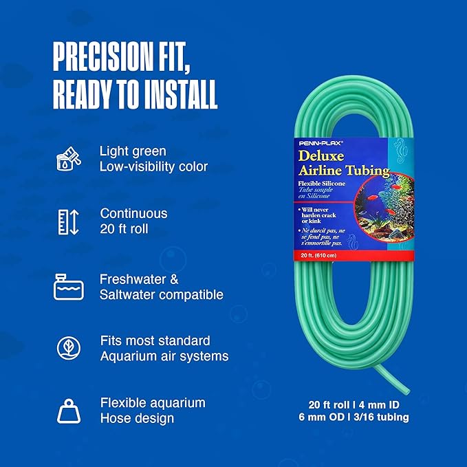 Penn-Plax Aqua-Life Deluxe Silicone Airline Tubing - 3/16 Inch Flexible Airline Hose for Aquarium Pumps, Fish Tank Line for Air Stones & Filters - Safe for Freshwater & Saltwater - 20 ft Long, Green