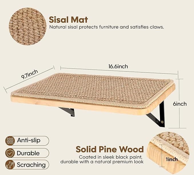 Cat Floating Wall Shelf with Scratching Mat, 1PC 9.7X16.6 Inch Large 1 Inch Thick Wood Cat Window Perches Hanging Shelves Wall Mounted Beds for Sleeping, Playing, Climbing, Support to 30 LBS