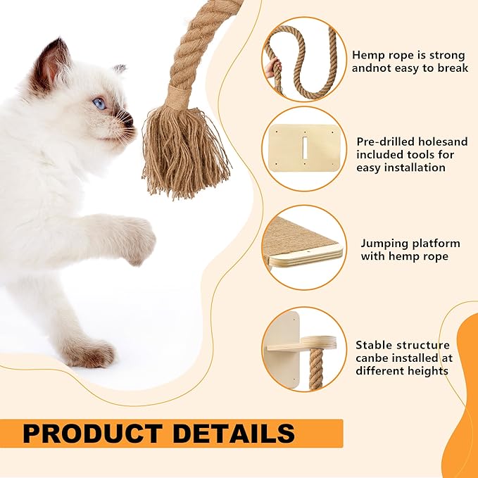 Cat Wall Shelves with 2 x 60 Inch Climbing Rope, Wall Mounted Cat Tree with Scratching Post Kitten Rope Ladder with Jumping Platform Wall Steps for Playing and Rest