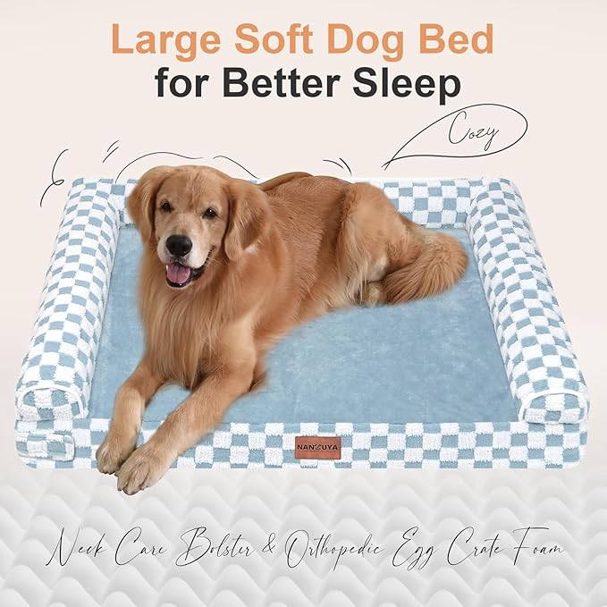 Large Dog Bed Orthopedic Washable: Beds Bolster XL Bed Medium Large Dogs Egg Crate Foam Couch Sofa Waterproof with Removable Cover - Blue Grid