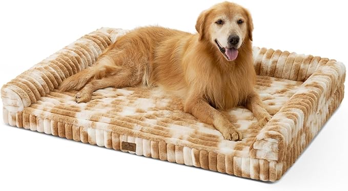 Cute Dog Bed for Extra Large Dogs, Faux Rabbit Fur Orthopedic Dog Bed with Sides, Removable Washable Cover & Waterproof Lining, Comfortable Pet Couch, Tie-Dye Brown (48" L x 35" W x 7.5" Th)
