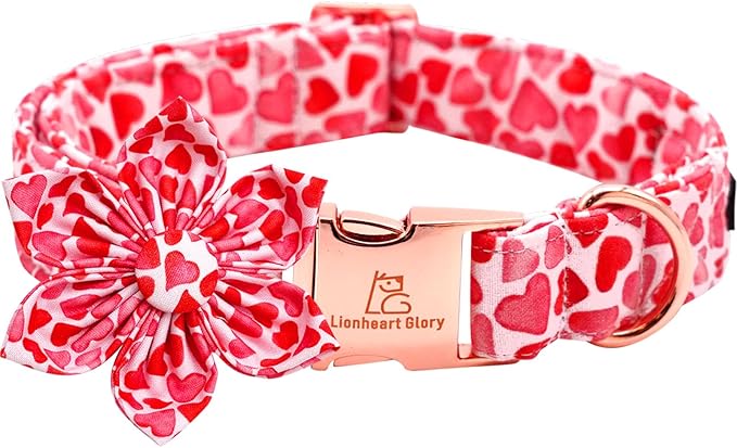 Lionheart glory Valentine's Day Dog Collar with Flower Dog Collars Red Hearts Dogs Collar with Bowtie for Small Dogs Spring Puppy Pet Collars Bows
