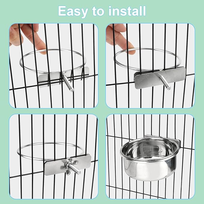 Hypeety Pet Bird Food Feeding and Drinking Hanging Cup Clamp Holder Stainless Steel Hanging Bowl for Parrot Macaw African Greys Budgies Parakeet Cockatiels Conure Lovebirds Finch Pigeon Cage