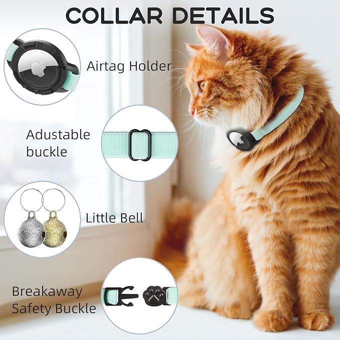 AirTag Cat Collars, Stretchy Collar with Apple AirTag Holder and Bell, Breakaway Ultra Design Elastic GPS Tracking Collars for Cats and Puppies, (7.5-12.5 Inch), Green
