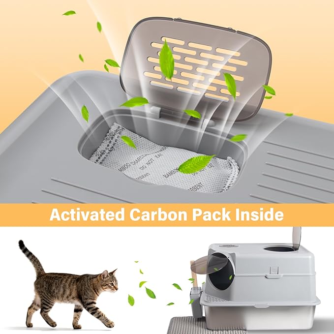 Stainless Steel Litter Box with Lid,XL Large Enclosed Cat Litter Box for Big Cats,Front & Top Entry Metal Litterbox, Odor Control,Anti-Leakage, Non-Sticky, Includes Mat&Scoop,23.8 x 15.8 x 15.8 inches