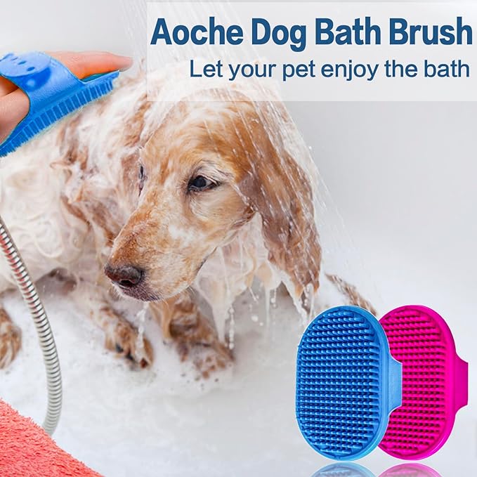 Dog Bath Brush Pet Bath Comb Brush Soothing Massage Rubber Comb 2pcs with Adjustable Ring Handle for Long Short Haired Dogs and Cats (Blue+Rose)