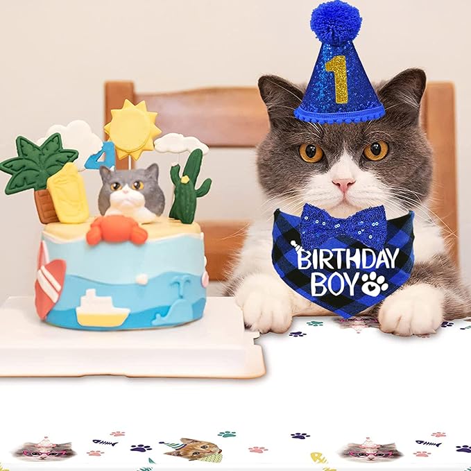 STMK Cat Birthday Decorations, Cat Birthday Hat with Number Bandana Bow Tie Collar for Cats Kittens Apparel Birthday Outfits