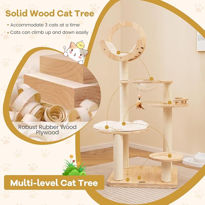 Nightcore 57” Tall Solid Wood Cat Tree for Indoor Cats, Building Block Kitten Tower w/Perch, Scratching Posts, Washable Cushions, 4 Install Options, Multi-Level Cat Activity Center Climbing Furniture