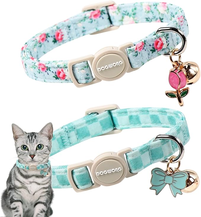 2 Pack Green Flower Cat Collars Breakaway with Bell, DOGWONG Safety Buckle Green Plaid Cute Cat Collar for Girl Boy Cats，Adjustable 7-12 Inch