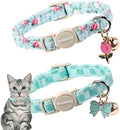 2 Pack Green Flower Cat Collars Breakaway with Bell, DOGWONG Safety Buckle Green Plaid Cute Cat Collar for Girl Boy Cats，Adjustable 7-12 Inch