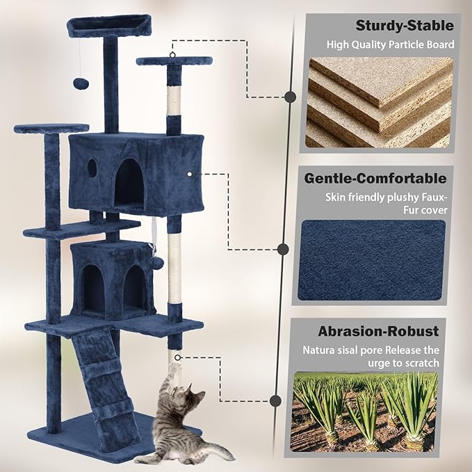 Heavy Duty Cat Tree Tower, 70" Tall Cat Tower for Indoor Cats with Cat Scratching Post with Bed, Cat Condo, Hanging Ball, Multi-Level Cat Climbing Tower Cat Trees Furniture Activity Center, Navy Blue