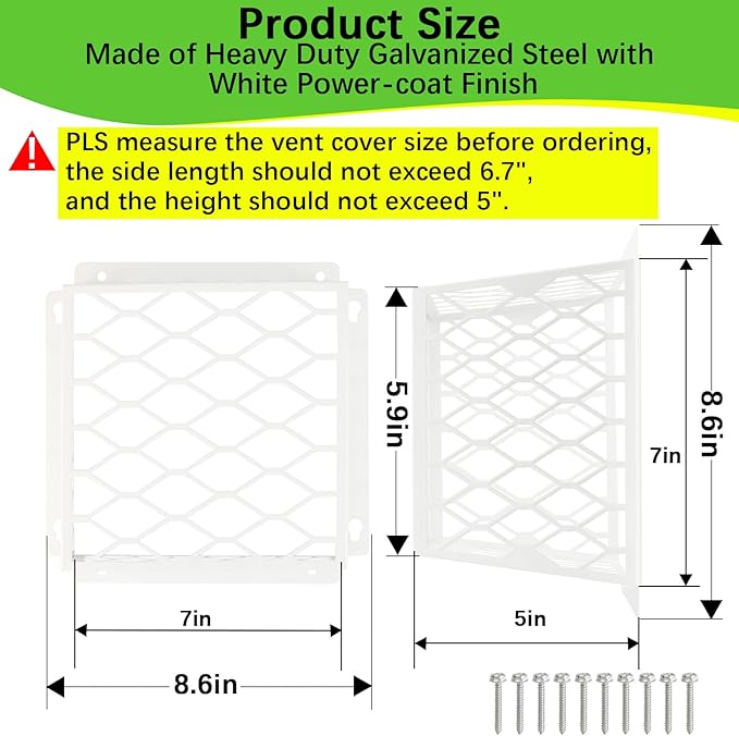 Dryer Vent Bird Guard,Dryer Vent Cover Guard for Most 3" to 4" Bathroom Exhaust Fan Cover Ventilation,7"Lx7"Wx5"H Steel Ventilation Bird Cage for Bath Exhaust Fan Cover,White,2PCS