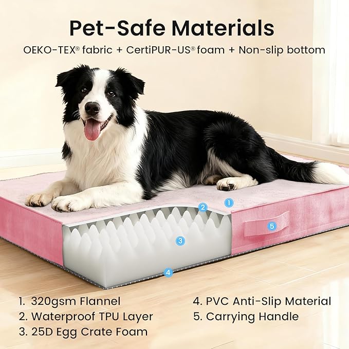 OhGeni Orthopedic Waterproof Dog Bed for Medium Large Dogs, Machine-Washable Removable Cover in Easy-Clean Fabric, High Density Foam & Easy-Carry Handle, Wider and Larger, 36 inch (Pink)
