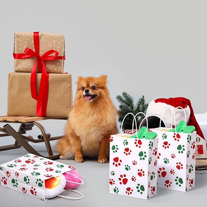 Blulu 20 Pcs Christmas Red Green Puppy Dog Paw Gift Bags with Paper Twist Handles, Dog Paper Gift Paw Treat Goodie Bags for Pet Treat Party Favor, 6.3 x 3.1 x 8.6 Inch