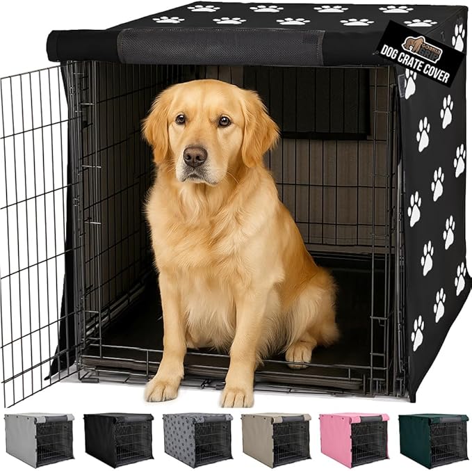 GORILLA GRIP Dog Crate Covers Compatible with Amazon Basics Crates, All Sides Open, Privacy Cover Fits 42" Wire Kennel, Breathable Mesh Windows, Light Reducing Puppy Training Cage Topper, Black Paw
