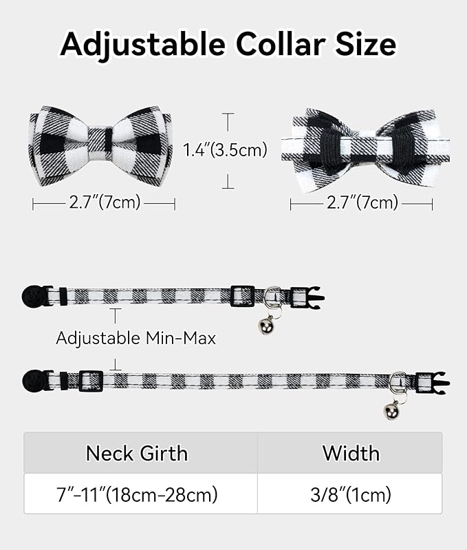Joytale Upgraded Cat Collar with Bells, Breakaway Cat Collars with Bow Tie, 2 Pack Girl Boy Safety Plaid Kitten Collars, Black+Blue