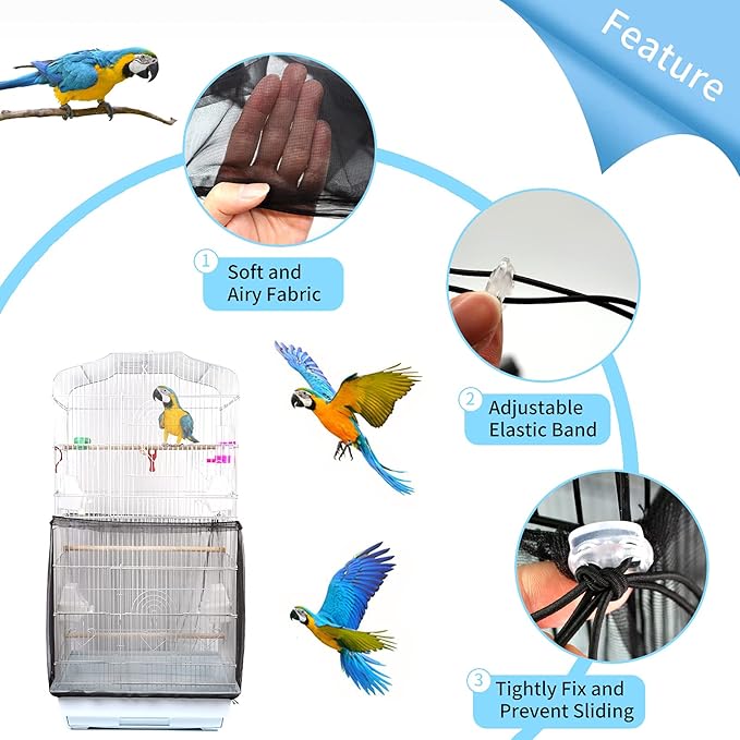 Daoeny Universal Bird Cage Cover, Adjustable Parrot Nylon Airy Soft Mesh Net, Seed Feather Catcher, Birdcage Cover Skirt Sheer Guard for Parakeet Macaw Round Square Cages (Black)