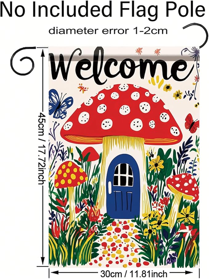 Mushroom House Garden Flag 12x18 Inch Welcome Yard Banner Whimsical Fairy Tale Style Double Sided Outdoor Decoration for Porch Lawn Patio Spring Summer Seasonal Garden Decor