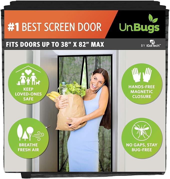 UnBugs Magnetic Screen Door - Fits Doors up to 38 x 82 Inches MAX - Pet & Kid Friendly, Self-Closing - Hands Free Magnet Closure Keeps Bugs Out & Breeze in