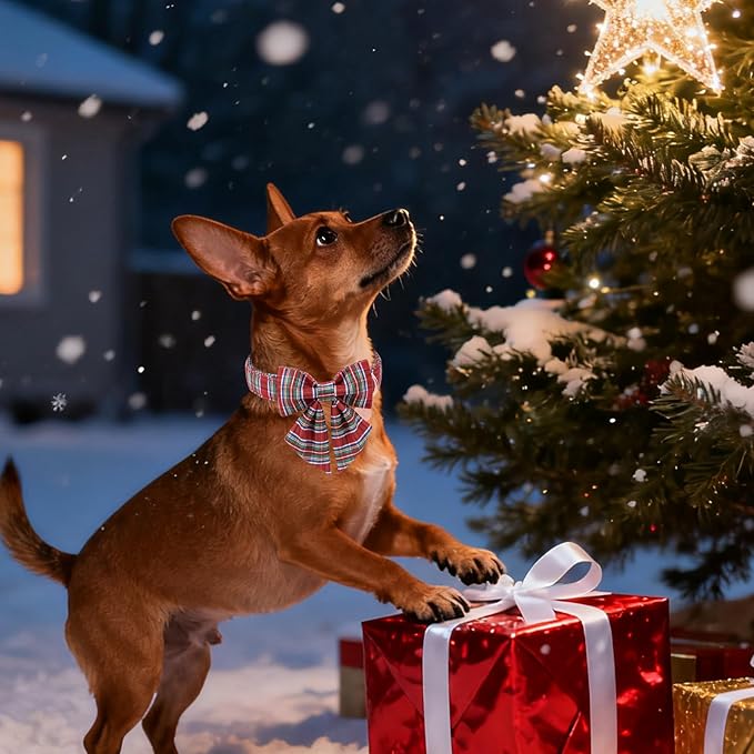Christmas Plaid Dog Collar with Bow, Red and Blue Check Adjustable Pet Collar with Quick Release, Christmas Stripes Bowtie Collar for Small Medium Large Dogs M